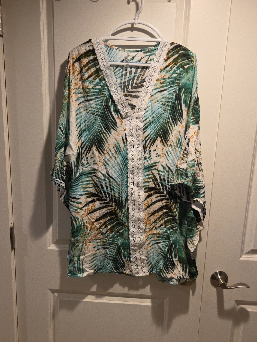 Tropical Palm Print Crochet Trim Coverup